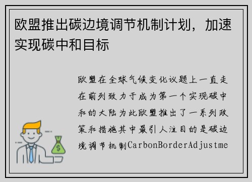 欧盟推出碳边境调节机制计划，加速实现碳中和目标